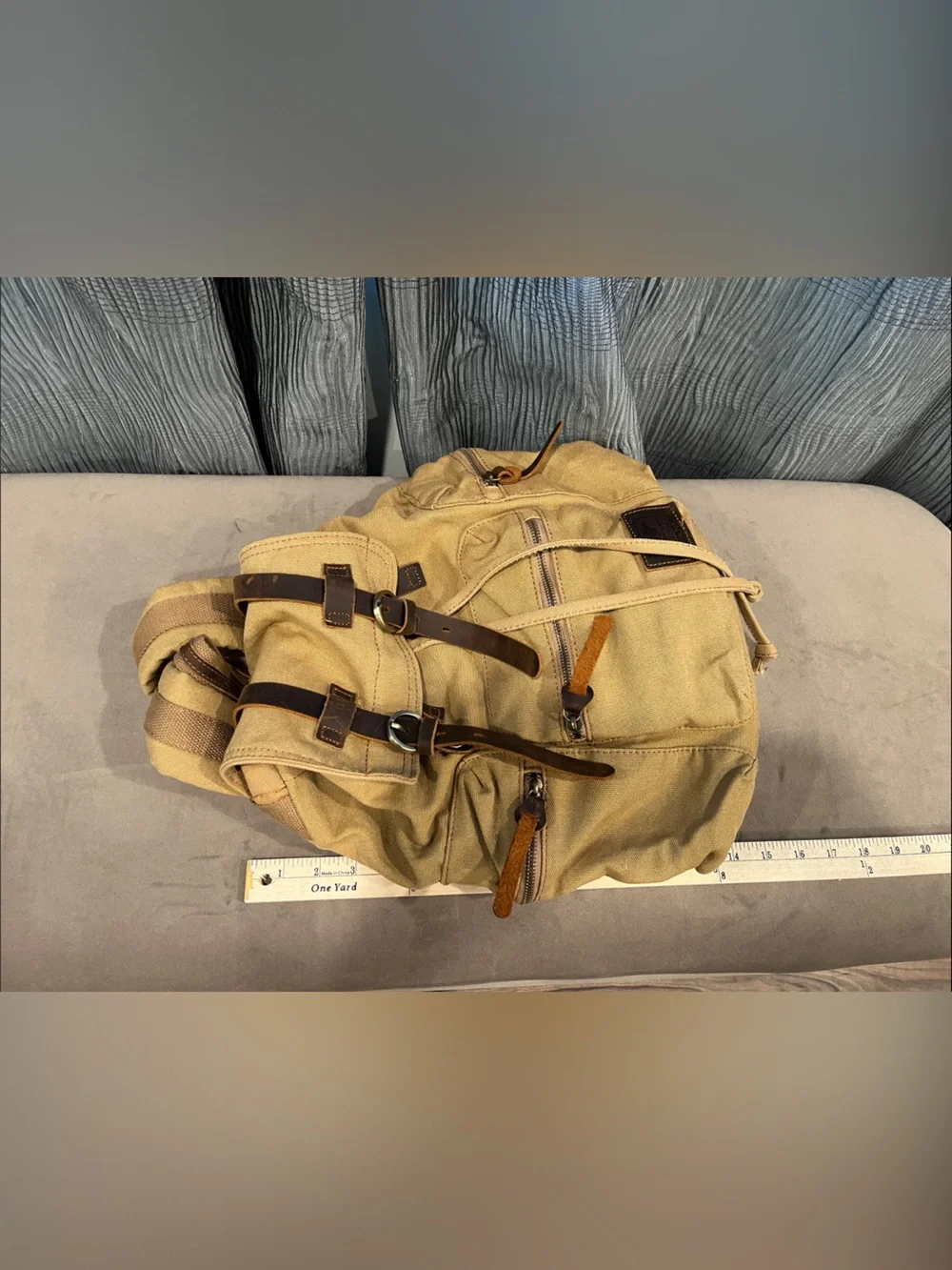 Augur Jan Khaki Canvas Drawstring Backpack with Brown Leather Accents
